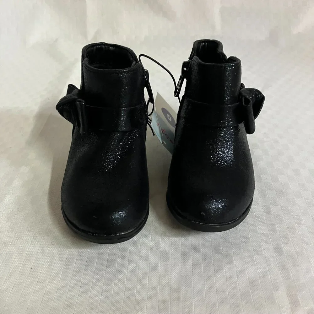 Cat & Jack Toddler Girl 6 Black Leather Bow-Detailed Side Zip Sammi Shimmer Boot